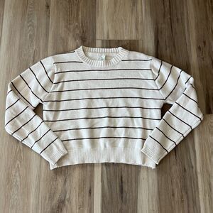 Womens Beige w/Brown Stripes Long Sleeve Crew Neck Sweater by Sadie & Sage small